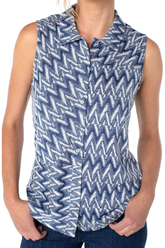 Liverpool Patched Button Front Knit Sleeveless Shirt In Blue And White Chevron