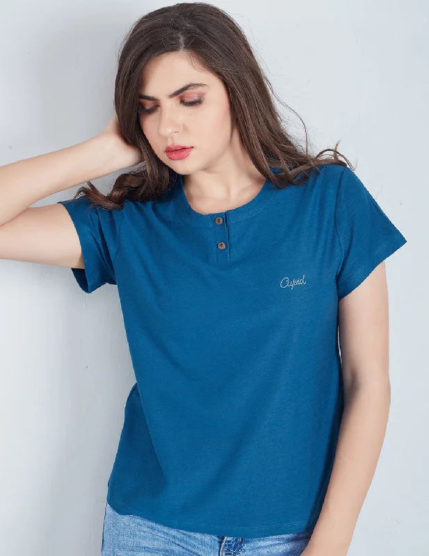 Women Plain Regular Wear Tshirts - Teal Blue